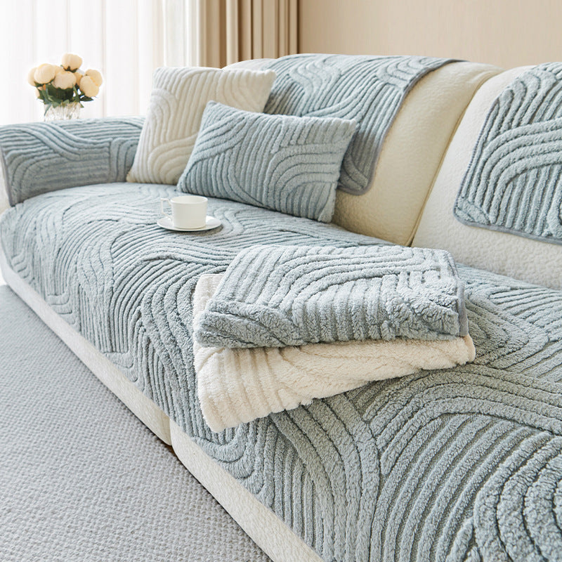 BohoWave Luxe – Non-Slip Plush Sofa Cover with Wave Texture (Pet-Friendly & Washable)