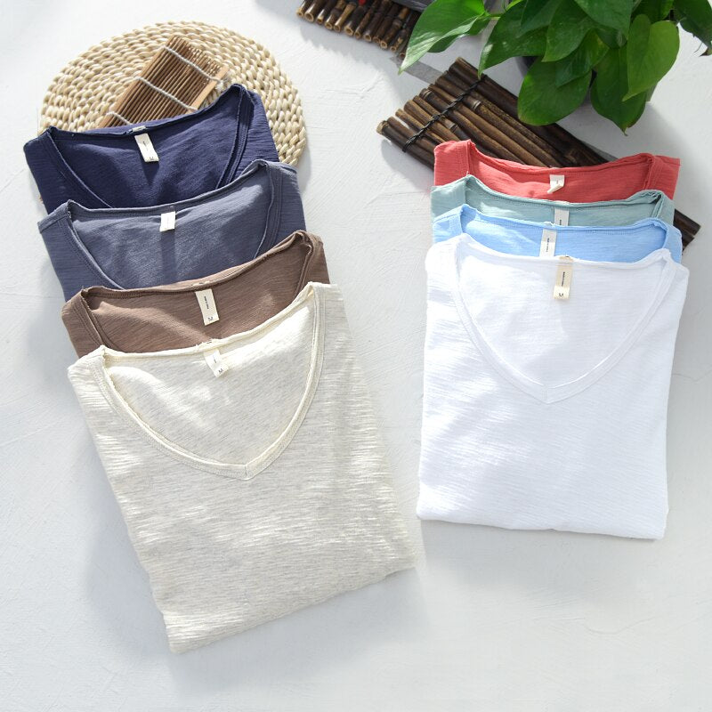 Men's Linen V Neck Short Sleeve Shirt Breathable Casual Top