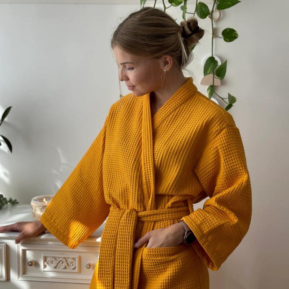 SereneLuxe – Cotton Waffle Bathrobe with Elegant V-Neck