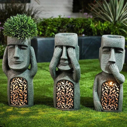 Solar LED Face Planter Decorative Garden Sculpture Pot