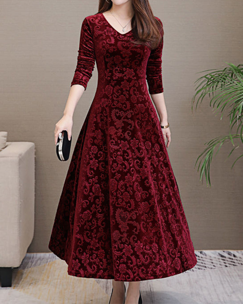 Elegant Velvet Midi Dress Long Sleeve V Neck