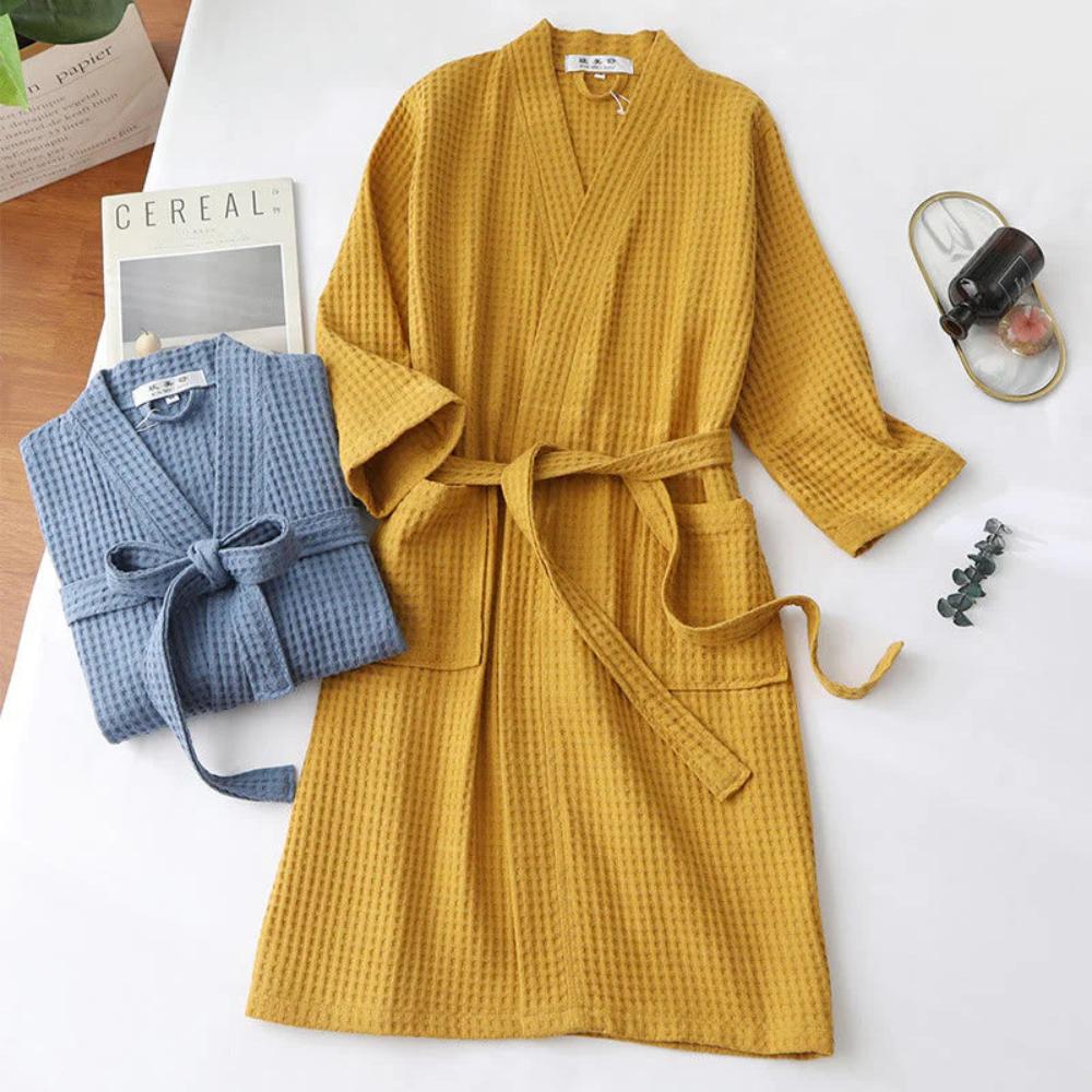 SereneLuxe – Cotton Waffle Bathrobe with Elegant V-Neck