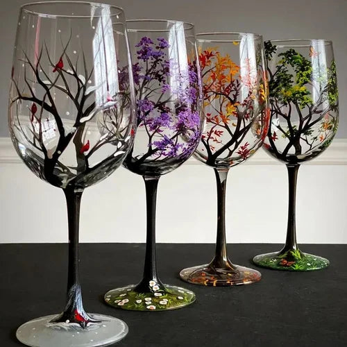 Hand Painted Four Seasons Tree Wine Glass