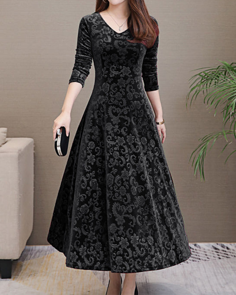 Elegant Velvet Midi Dress Long Sleeve V Neck