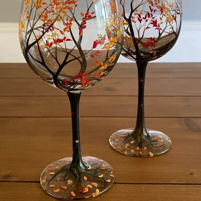 Hand Painted Four Seasons Tree Wine Glass