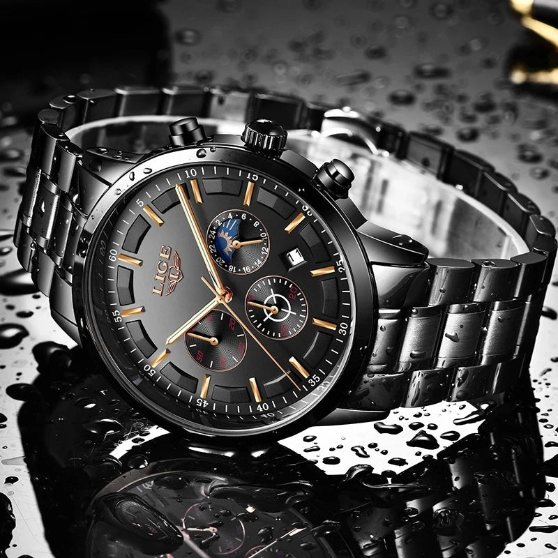 Men’s Black Stainless Steel Military Watch – Quartz Water-Resistant Wristwatch