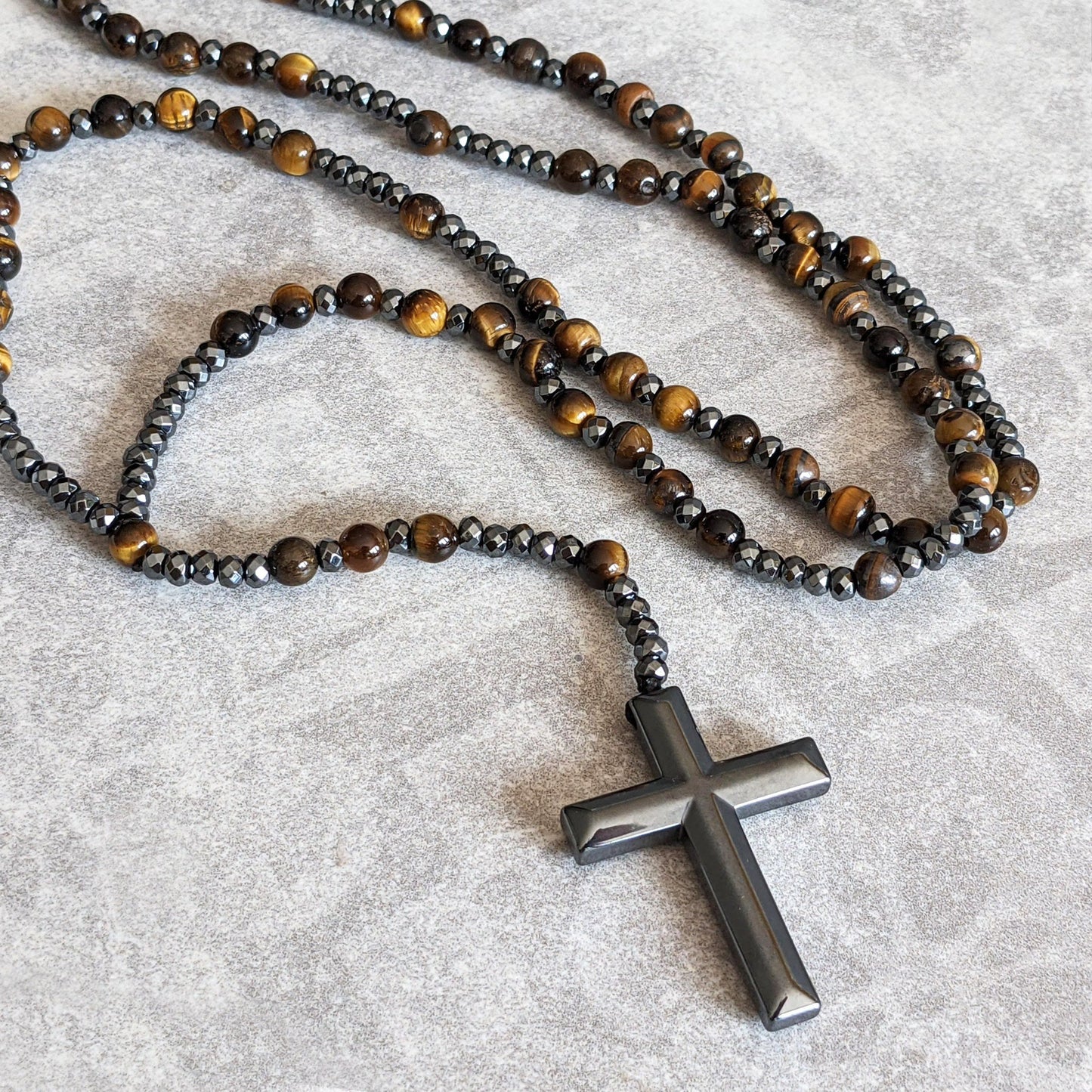 Orion – Men’s Tiger Eye & Lapis Lazuli Cross Rosary Necklace