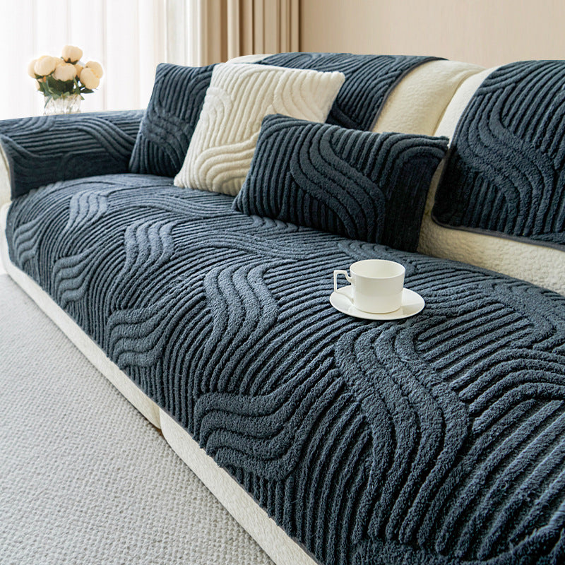 BohoWave Luxe – Non-Slip Plush Sofa Cover with Wave Texture (Pet-Friendly & Washable)