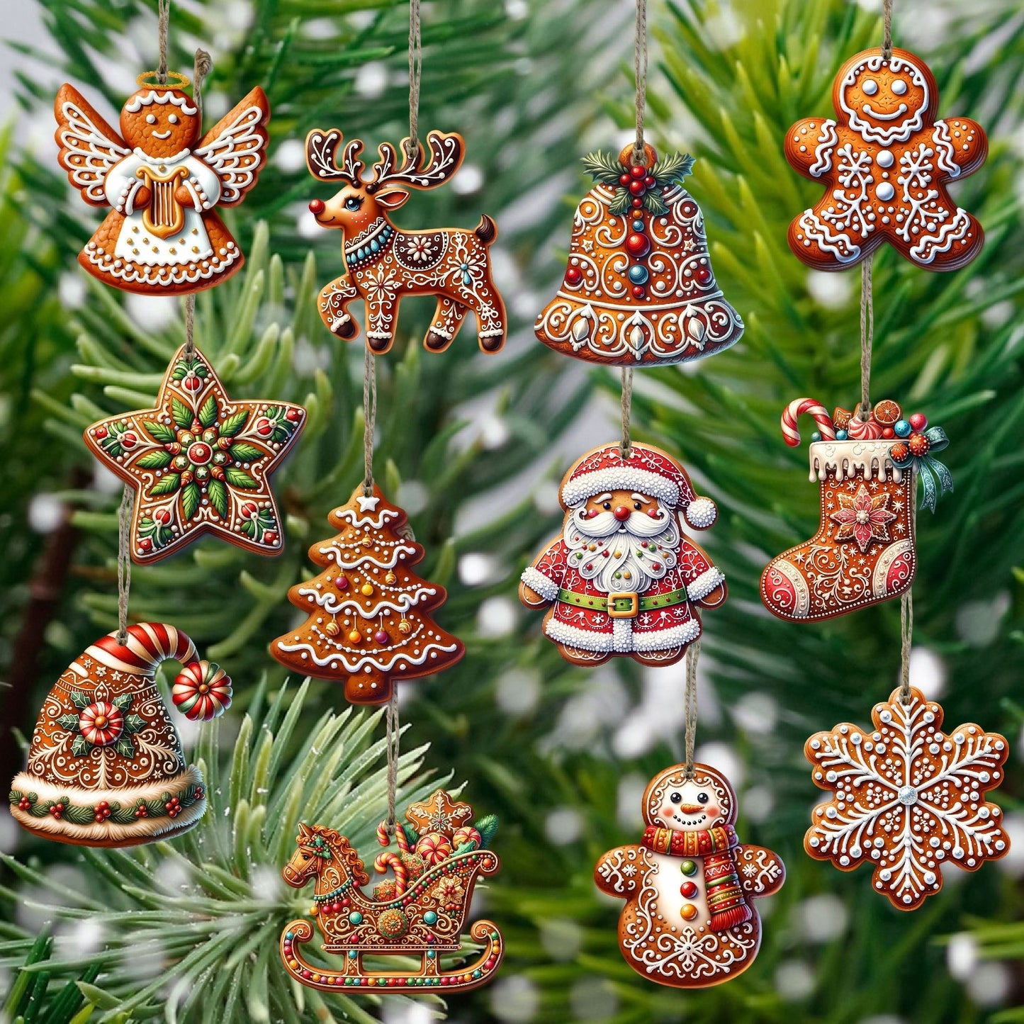 Handcrafted Wooden Christmas Ornament Set (12 Pieces)