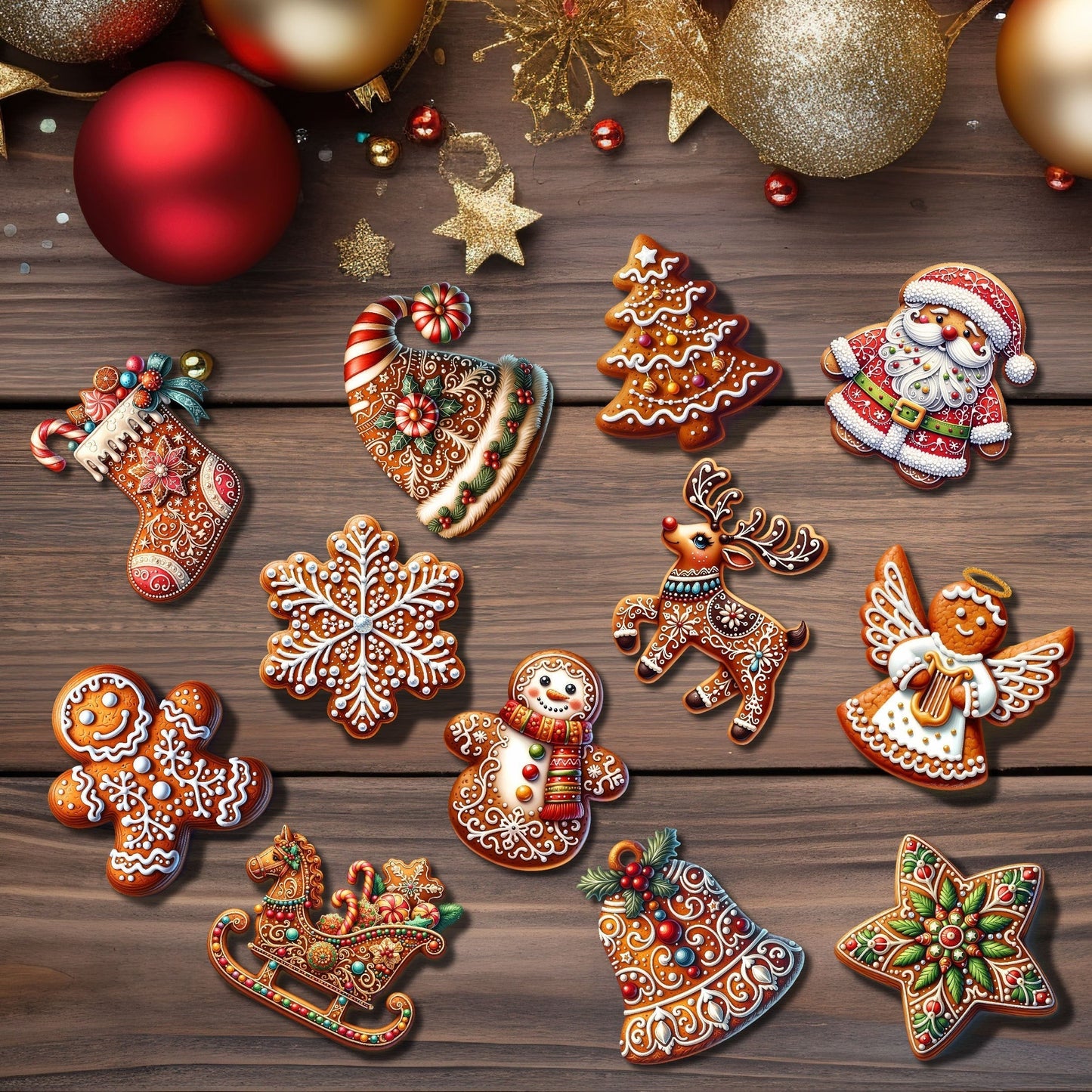 Handcrafted Wooden Christmas Ornament Set (12 Pieces)