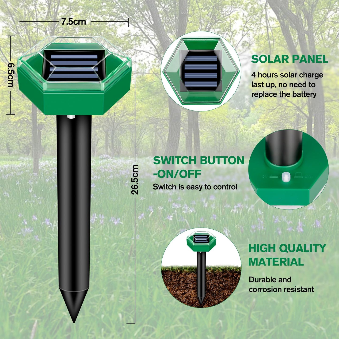 Solar Ultrasonic Mole Repeller Stakes Outdoor Pest Deterrent 4 Pack