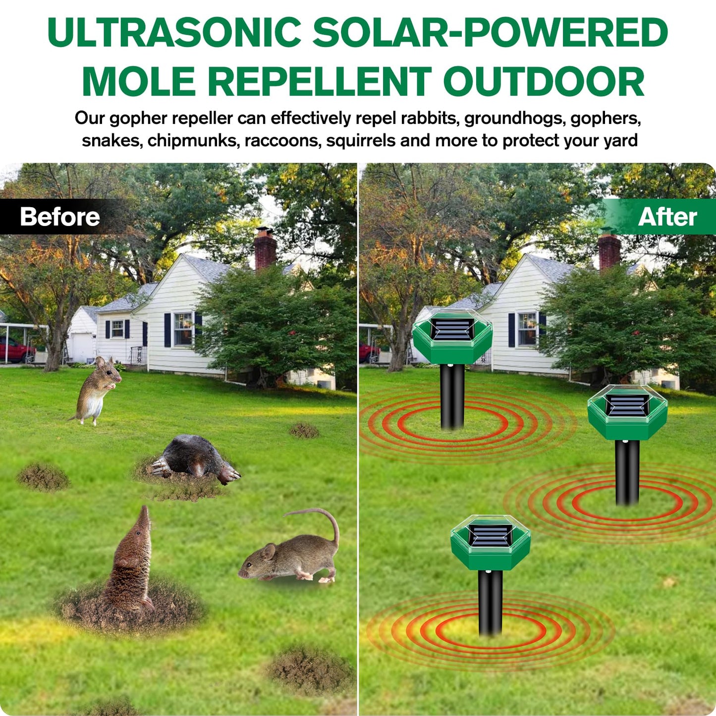 Solar Ultrasonic Mole Repeller Stakes Outdoor Pest Deterrent 4 Pack