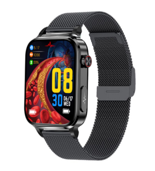 Smartwatch with a black mesh band on a white background