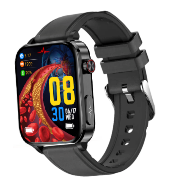 Black smartwatch with a colorful display on a white background