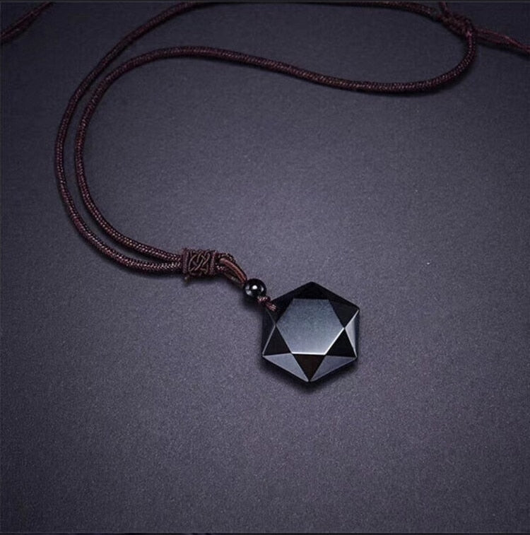 Black Obsidian Pendant Necklace – Geometric Stone Rope Chain
