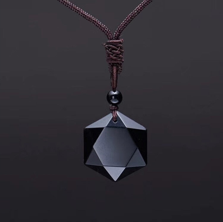 Black Obsidian Pendant Necklace – Geometric Stone Rope Chain