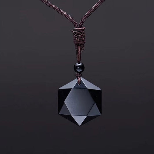 Black Obsidian Pendant Necklace – Geometric Stone Rope Chain