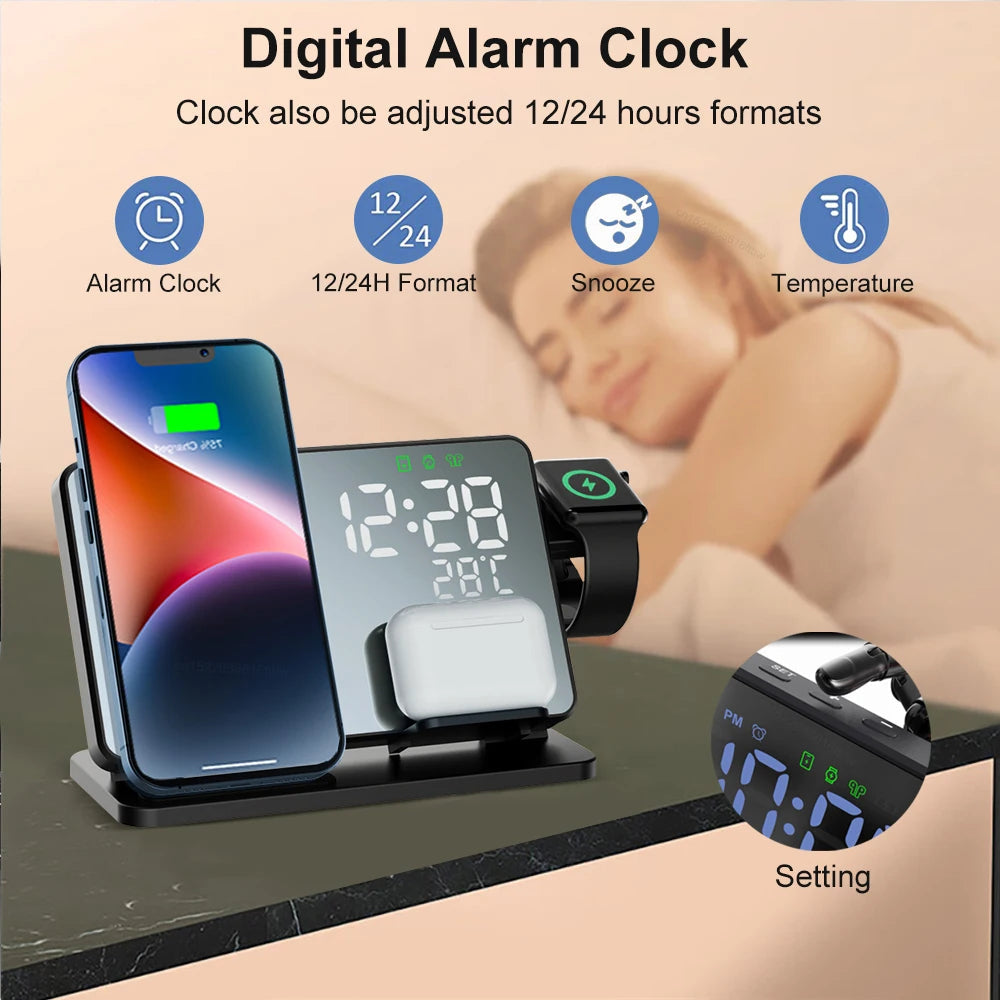 3-in-1 Wireless Charging Station with Digital Alarm Clock