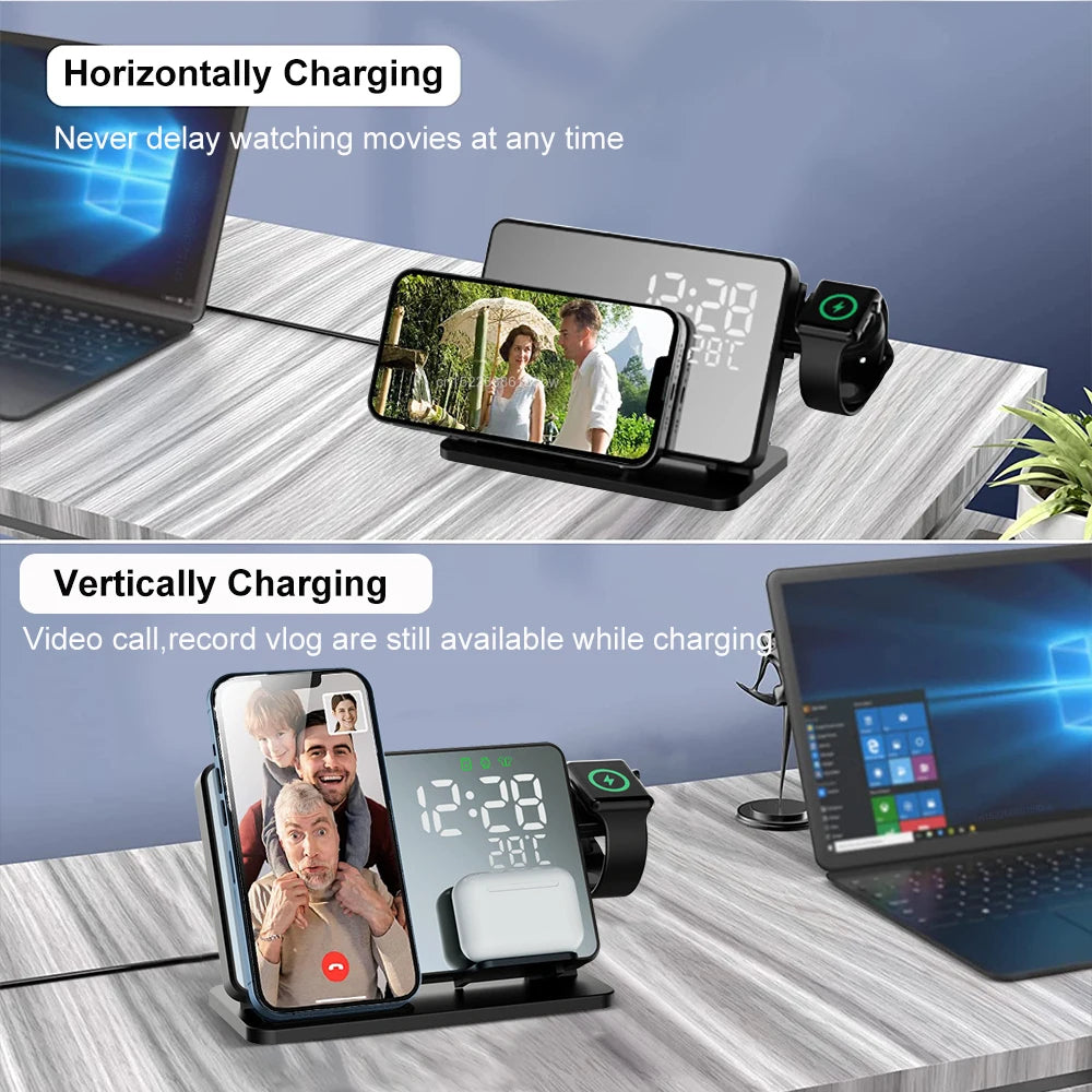 3-in-1 Wireless Charging Station with Digital Alarm Clock