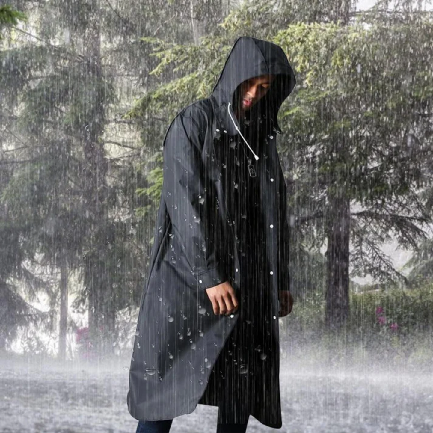 Men’s Long Hooded Waterproof Raincoat – Lightweight Trench Style Jacket