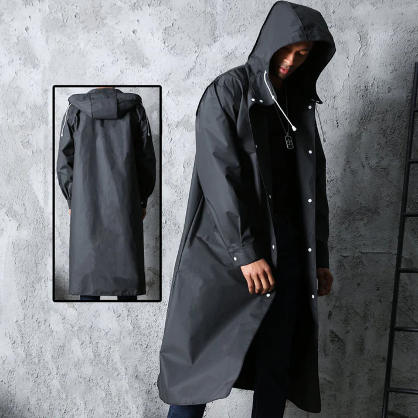 Men’s Long Hooded Waterproof Raincoat – Lightweight Trench Style Jacket