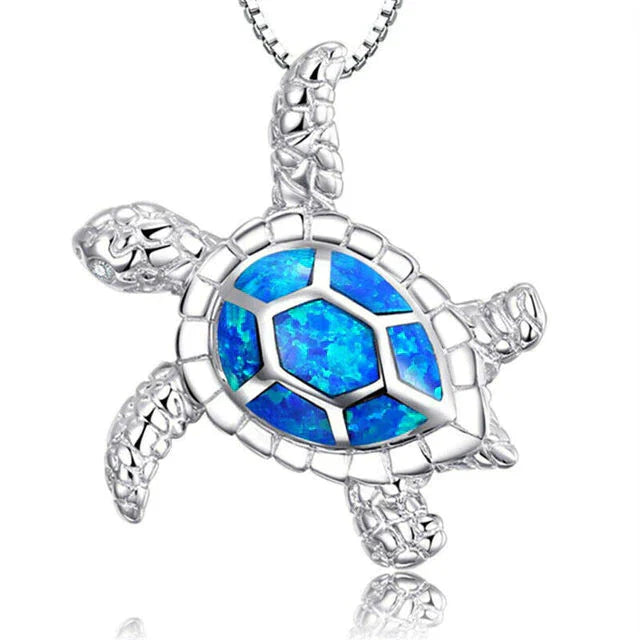 Turtle Pendant Necklace 925 Silver Opal Charm