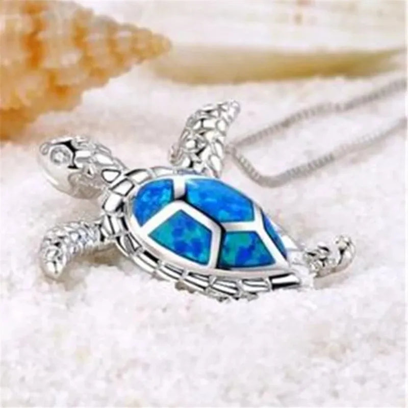 Turtle Pendant Necklace 925 Silver Opal Charm