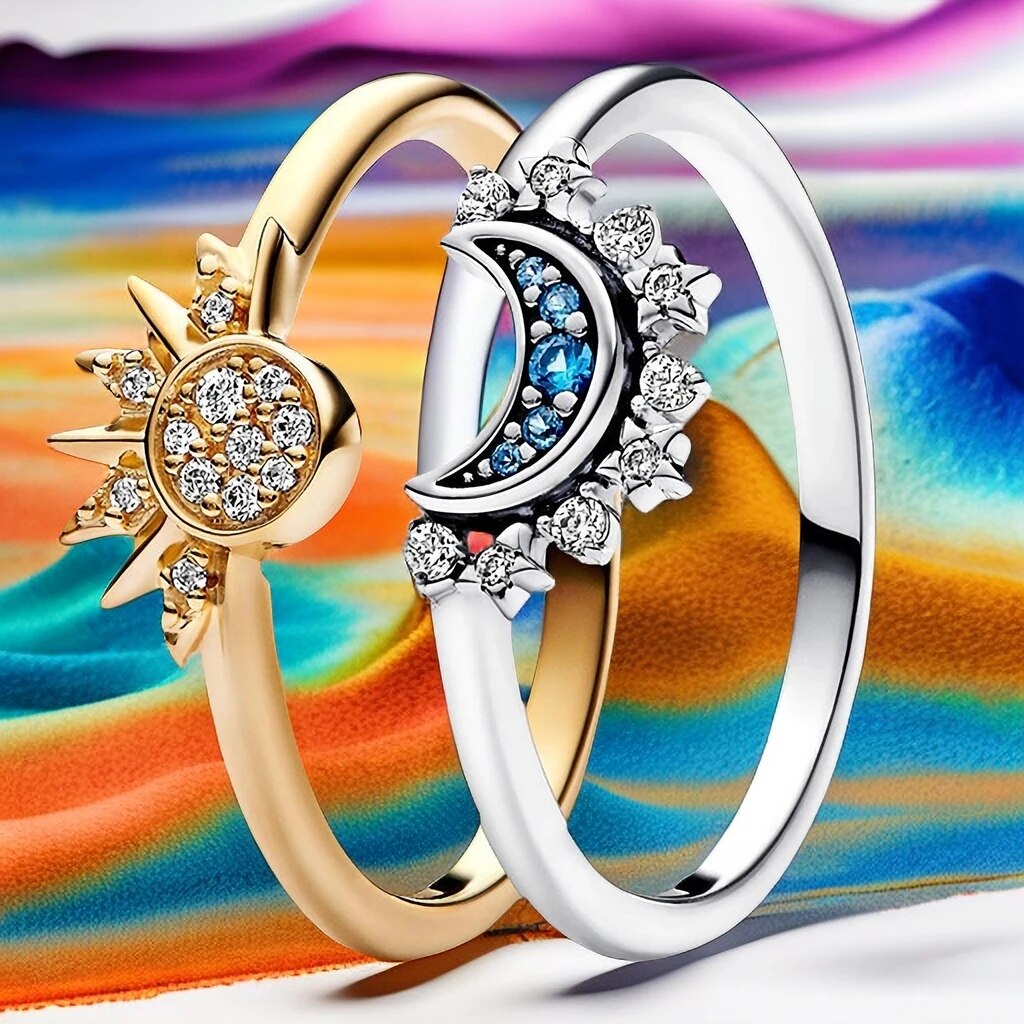 Sparkling Moon & Sun Crystal Ring – Sterling Silver