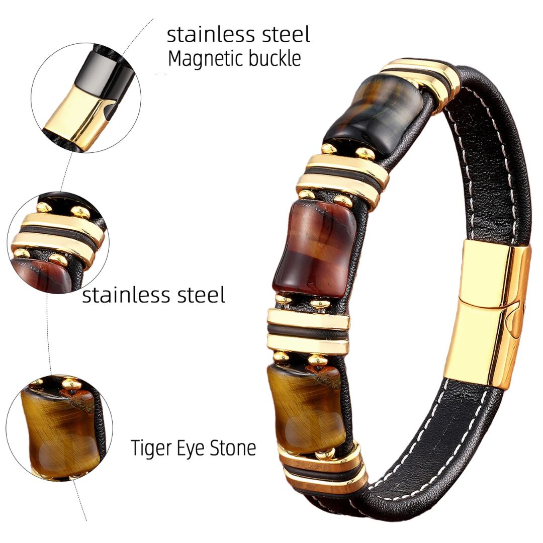 Tiger Eye Natural Stone Leather Bracelet