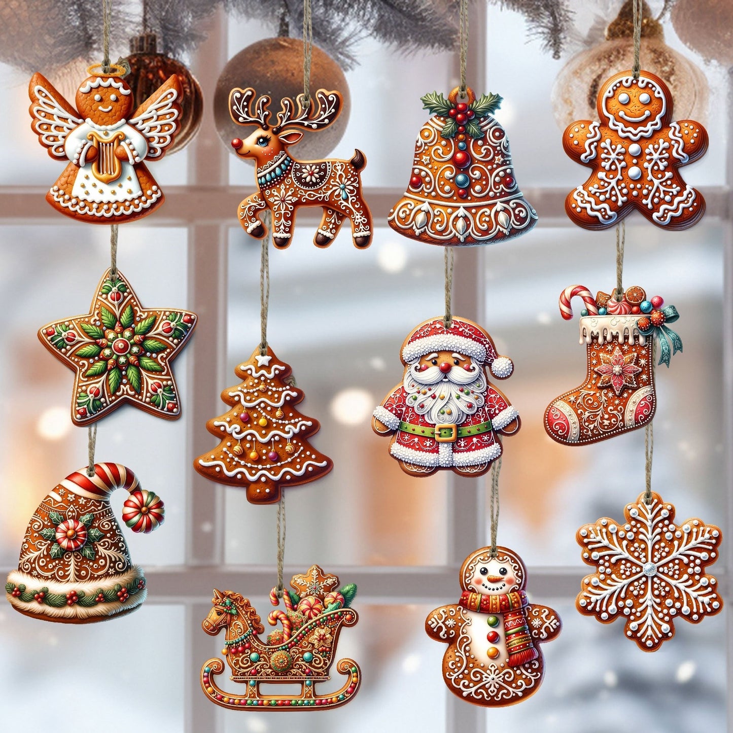 Handcrafted Wooden Christmas Ornament Set (12 Pieces)