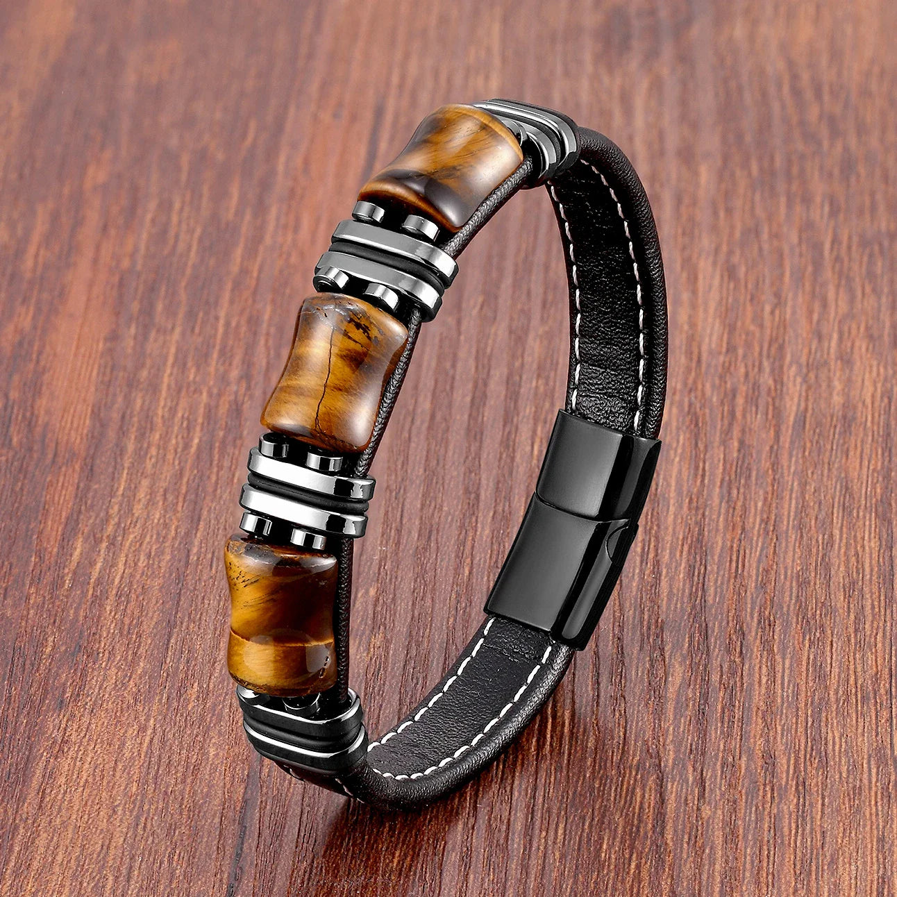Tiger Eye Natural Stone Leather Bracelet