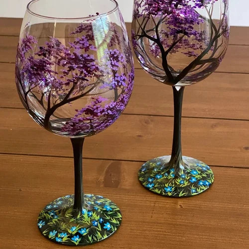 Hand Painted Four Seasons Tree Wine Glass