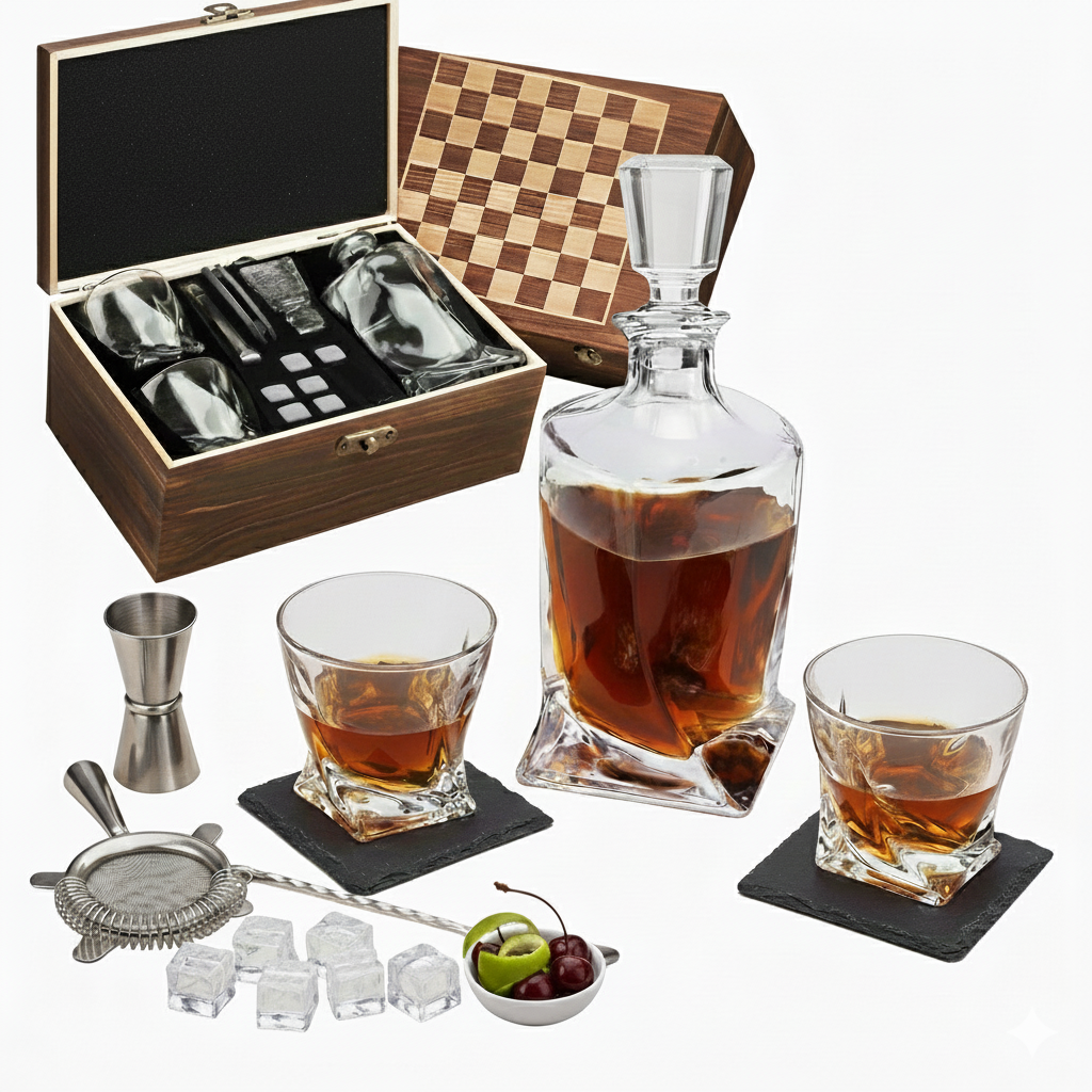 WhiskerLux Whiskey Decanter Set – Crystal Decanter & Stones