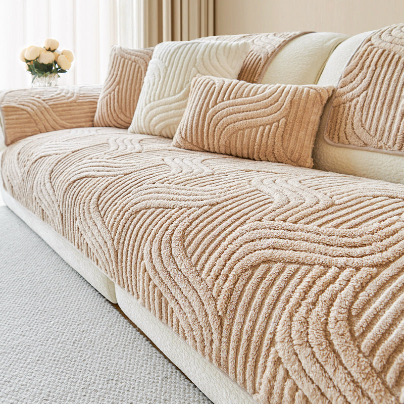 BohoWave Luxe – Non-Slip Plush Sofa Cover with Wave Texture (Pet-Friendly & Washable)