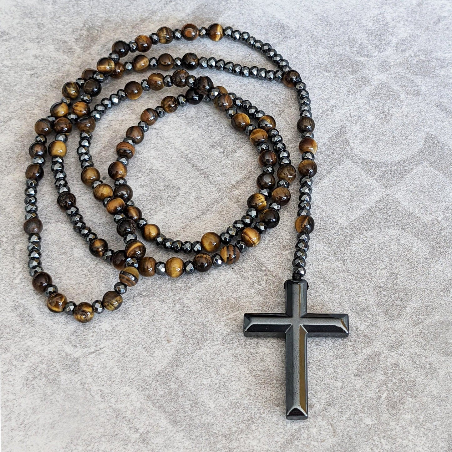 Orion – Men’s Tiger Eye & Lapis Lazuli Cross Rosary Necklace