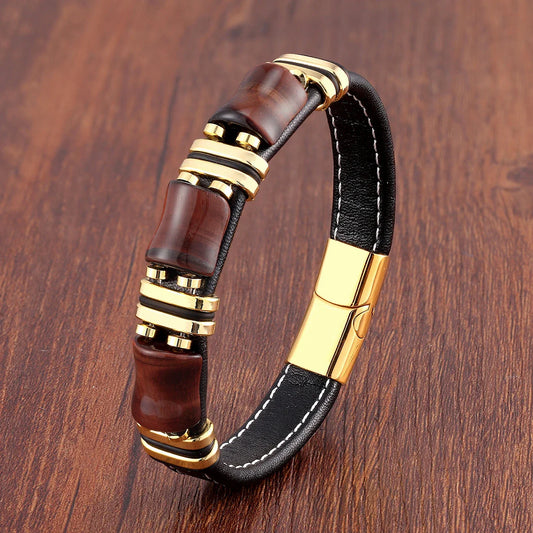 Tiger Eye Natural Stone Leather Bracelet