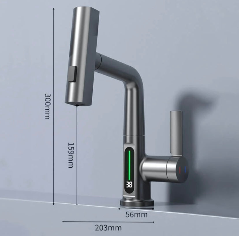 WaterMaster Flexible Faucet – 360° Rotating Pull-Out Tap with LED Temperature Display