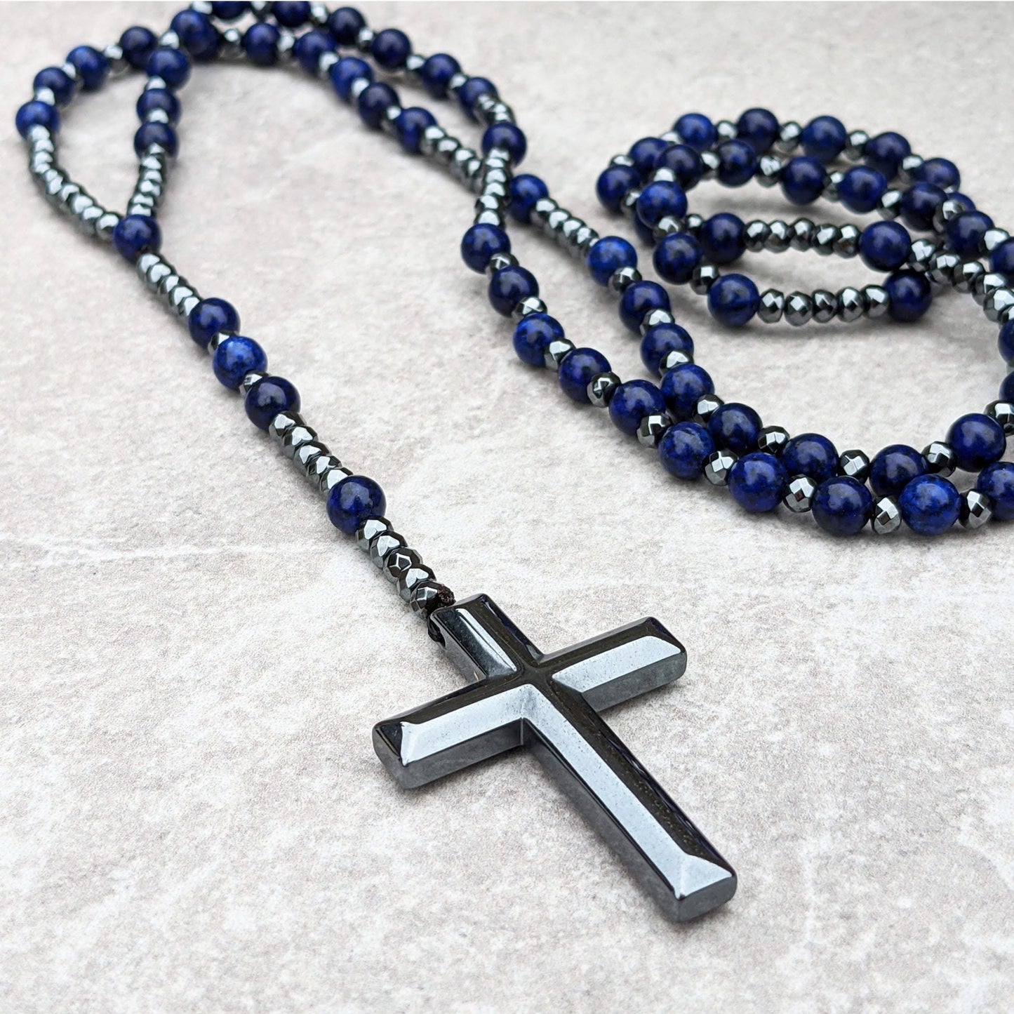Orion – Men’s Tiger Eye & Lapis Lazuli Cross Rosary Necklace