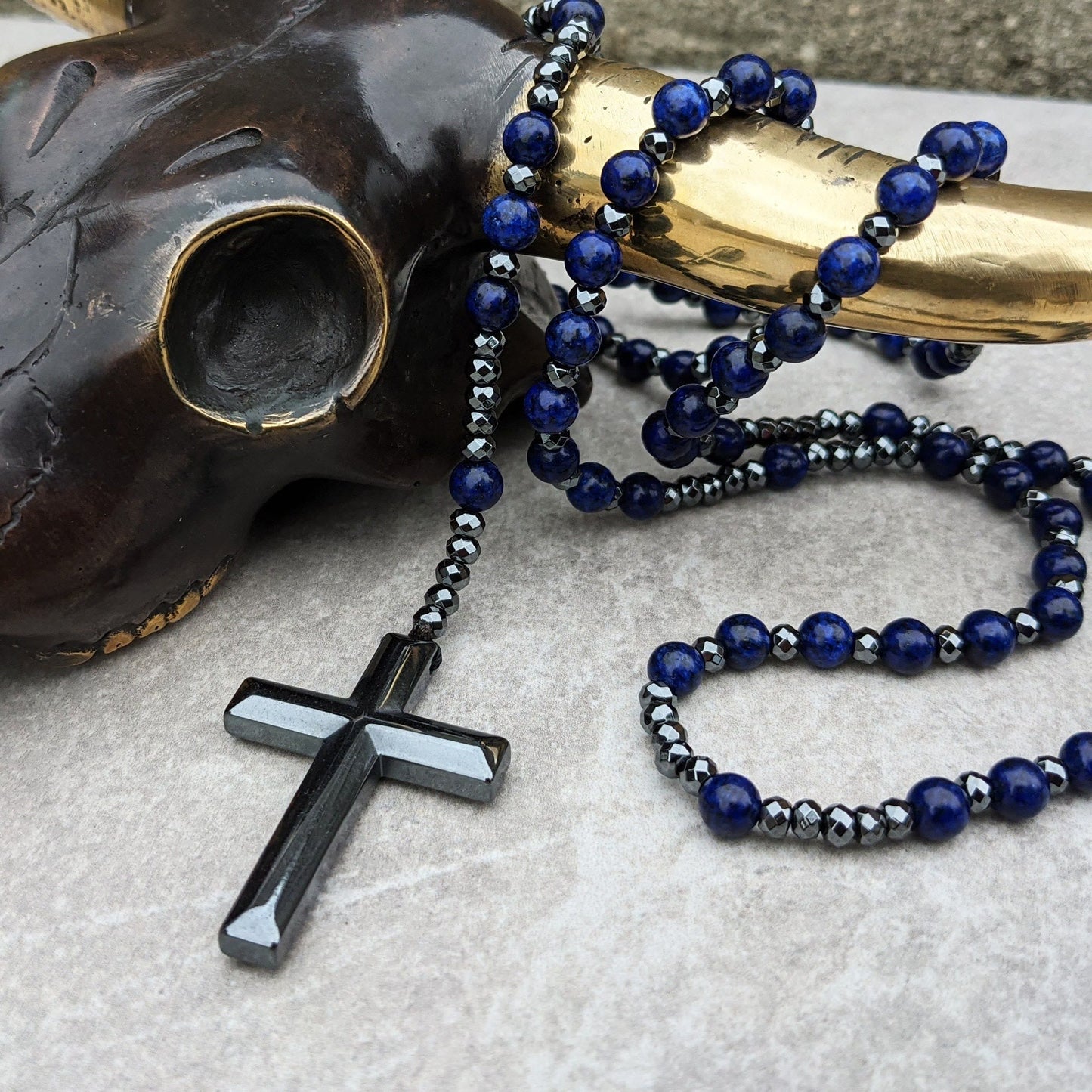 Orion – Men’s Tiger Eye & Lapis Lazuli Cross Rosary Necklace