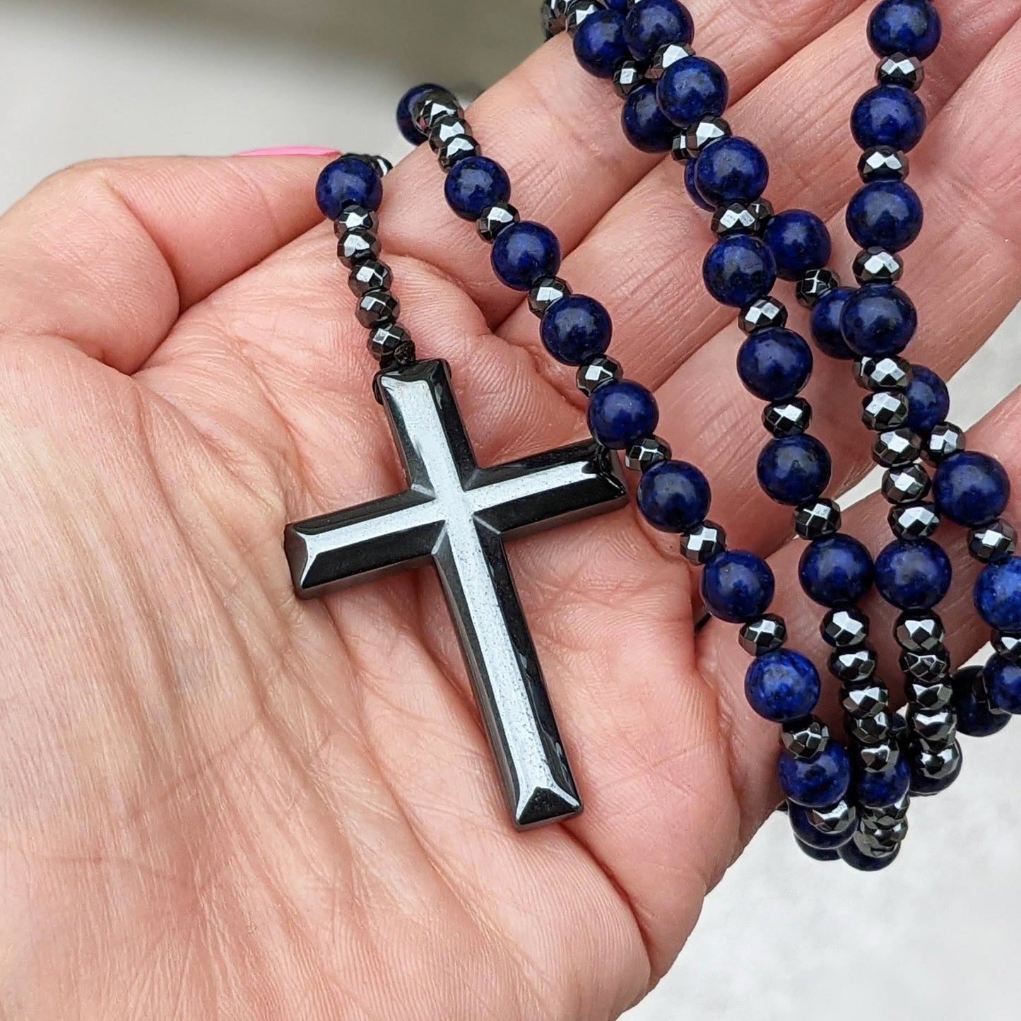 Orion – Men’s Tiger Eye & Lapis Lazuli Cross Rosary Necklace