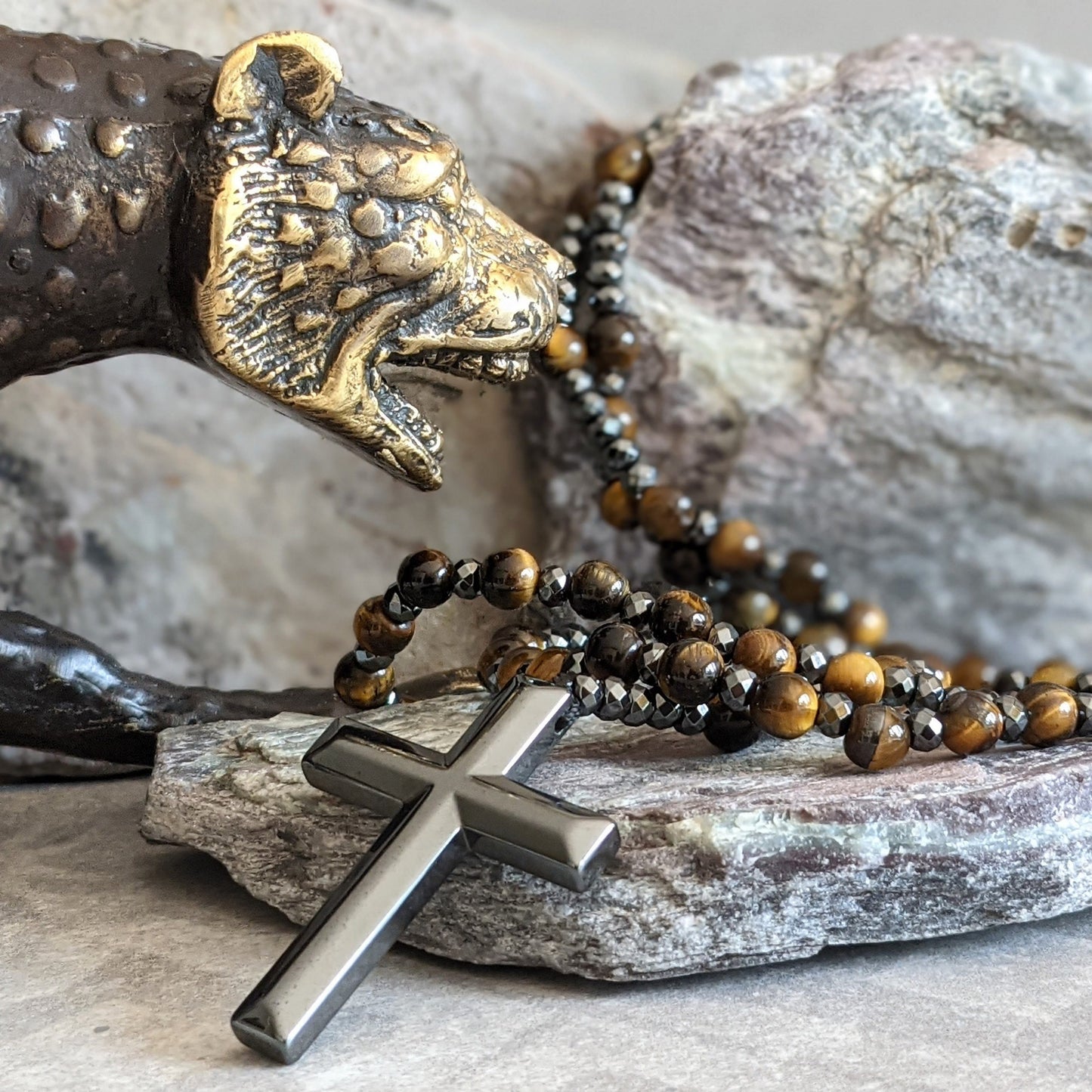Orion – Men’s Tiger Eye & Lapis Lazuli Cross Rosary Necklace
