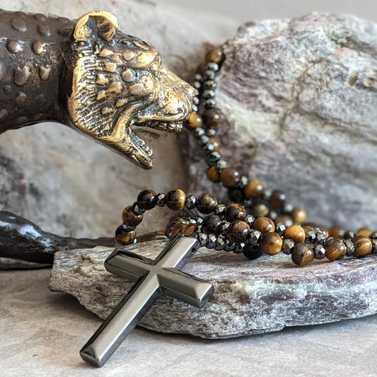 Orion – Men’s Tiger Eye & Lapis Lazuli Cross Rosary Necklace