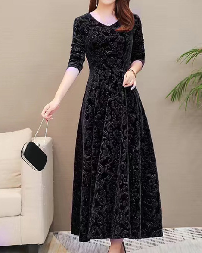 Elegant Velvet Midi Dress Long Sleeve V Neck