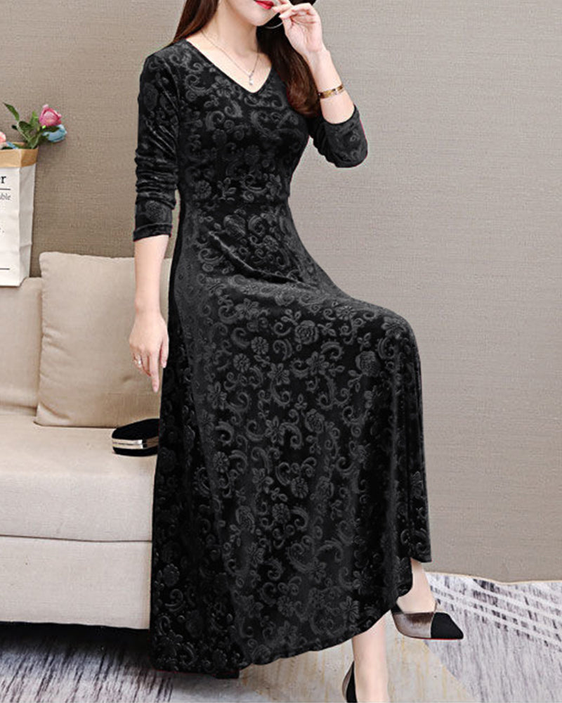 Elegant Velvet Midi Dress Long Sleeve V Neck