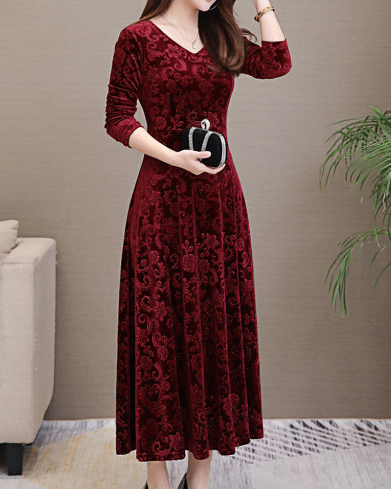 Elegant Velvet Midi Dress Long Sleeve V Neck