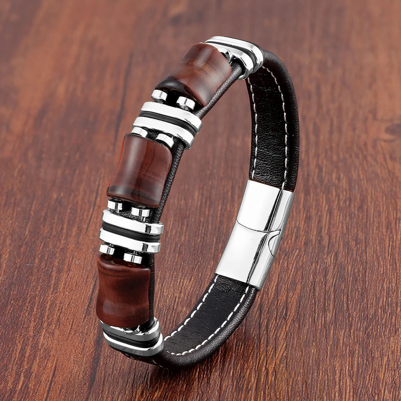 Tiger Eye Natural Stone Leather Bracelet
