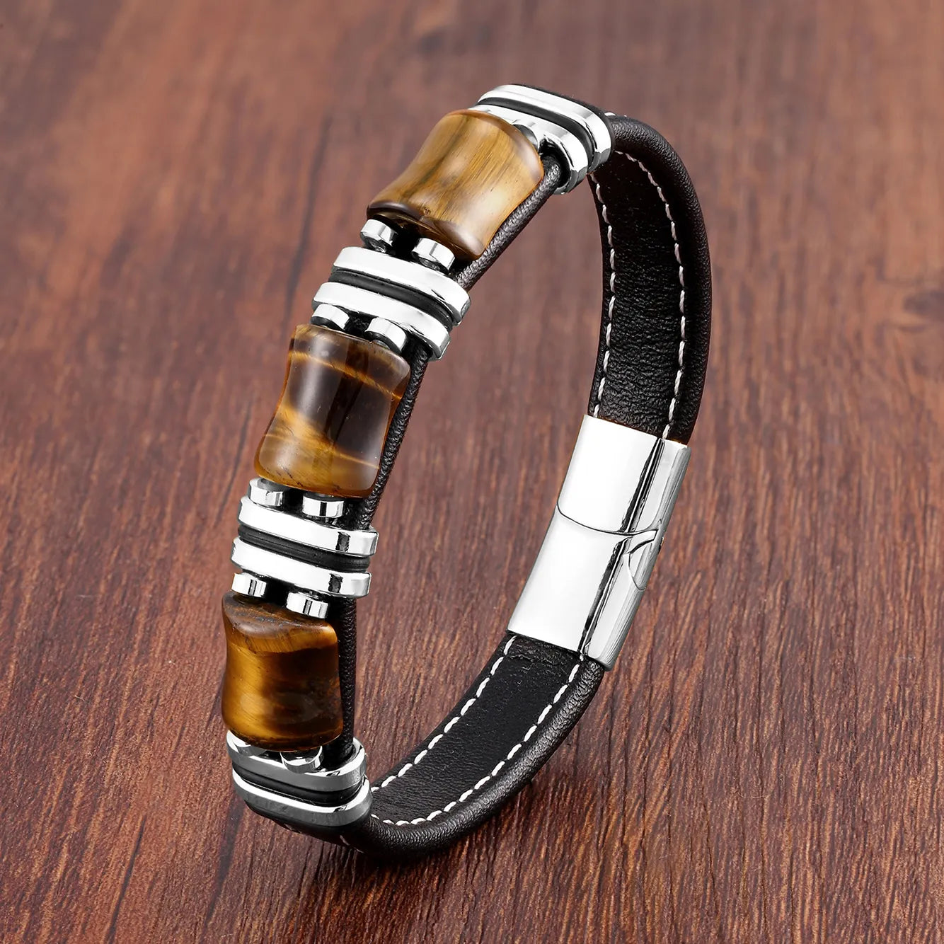 Tiger Eye Natural Stone Leather Bracelet