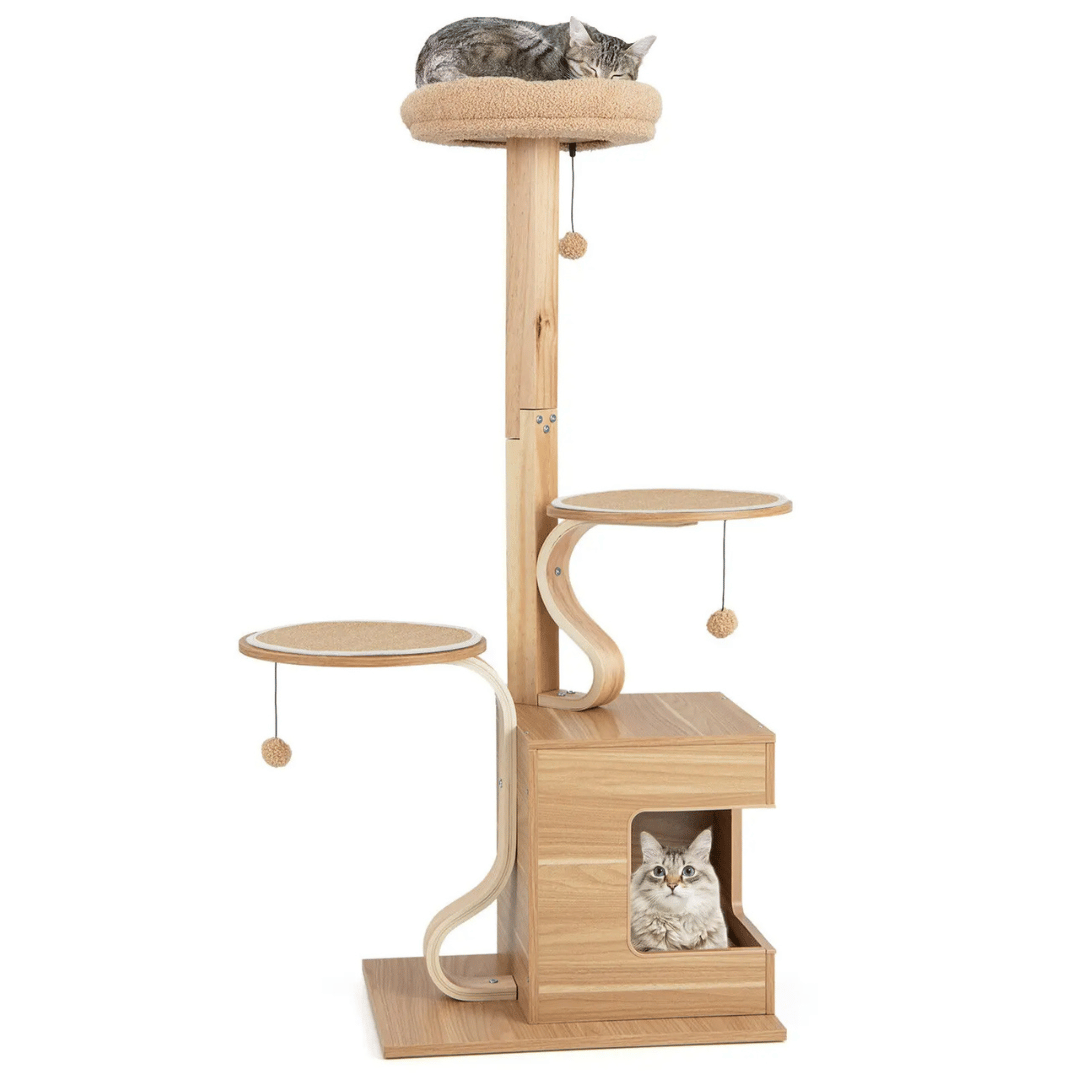OakPurr™ Tall Solid Wood Cat Tree with Plush Perch, Condo & Multi-Level Platforms