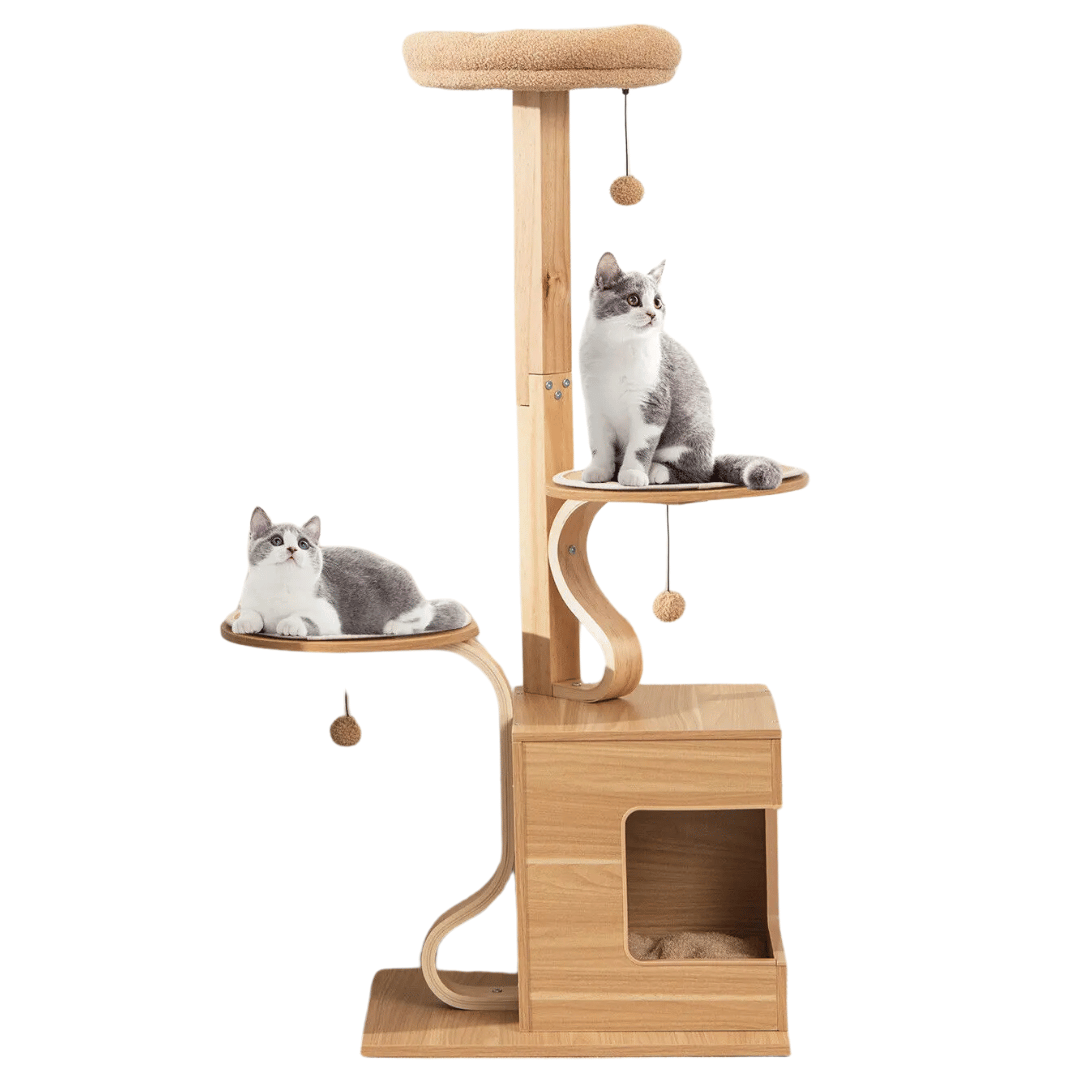 OakPurr™ Tall Solid Wood Cat Tree with Plush Perch, Condo & Multi-Level Platforms