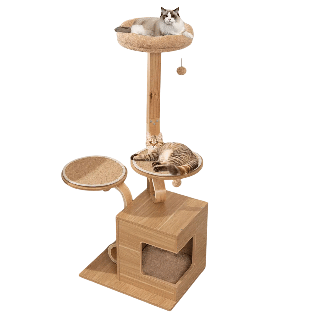 OakPurr™ Tall Solid Wood Cat Tree with Plush Perch, Condo & Multi-Level Platforms